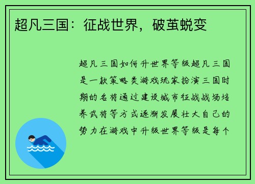 超凡三国：征战世界，破茧蜕变
