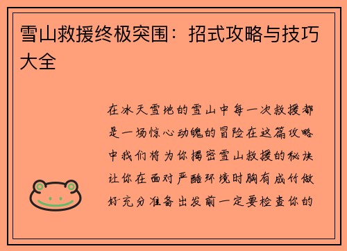 雪山救援终极突围：招式攻略与技巧大全