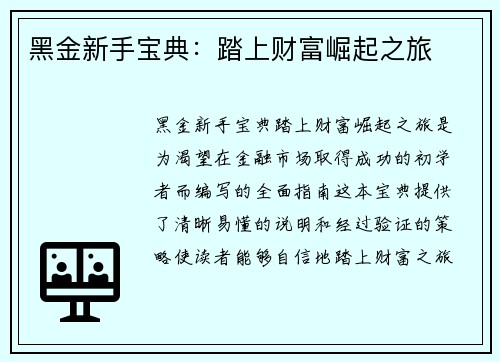 黑金新手宝典：踏上财富崛起之旅